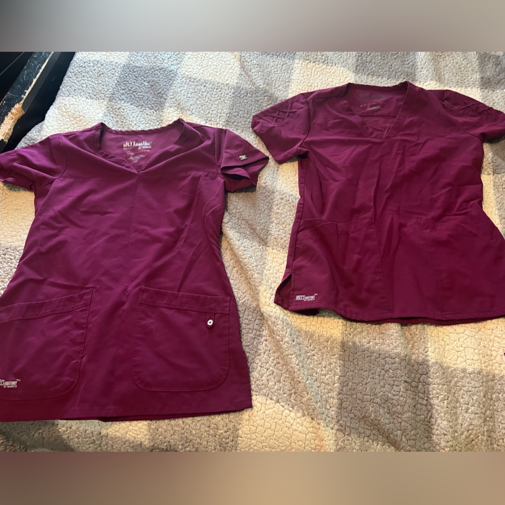 DONATING SOON! 2 sets of greys anatomy maroon scrubs Tops xs pants s